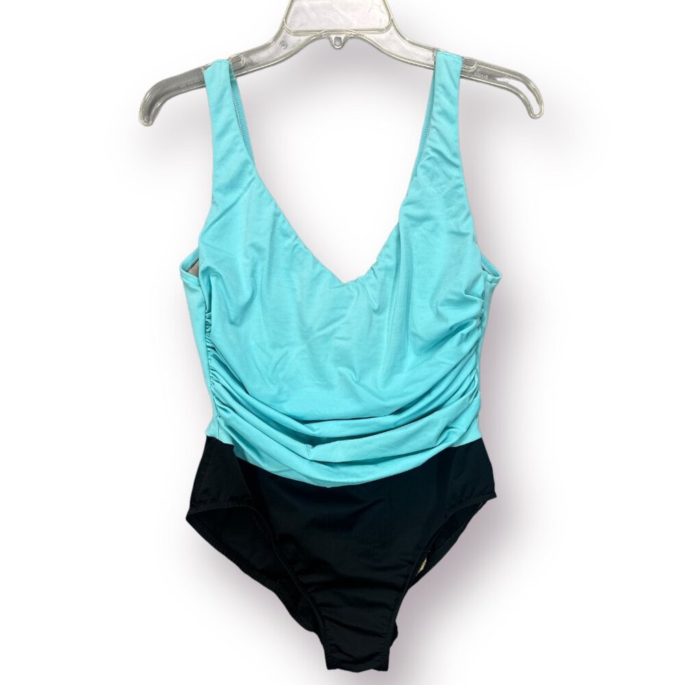 Miraclesuit Aqua Blue Black Ruched One Piece Bathing Suit Women Size 16 Swim
